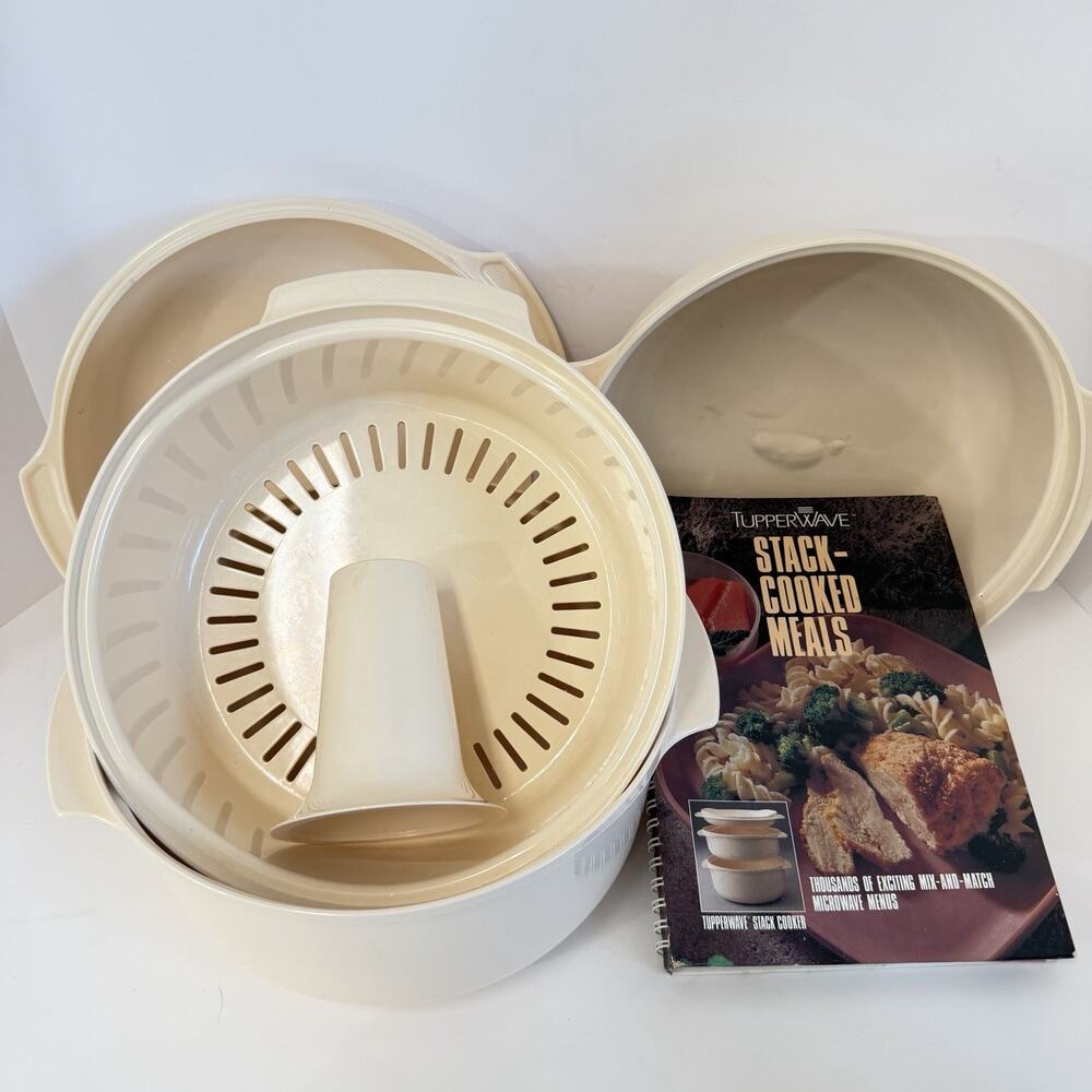 Tupperware Tupperwave Vintage Microwave Stack Cooker Steam Almond W/ Recipe Book